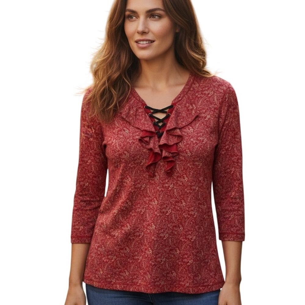 LRL Lauren Jeans Ruffled Laceup Top Womens Medium Red Western Casual Blouse